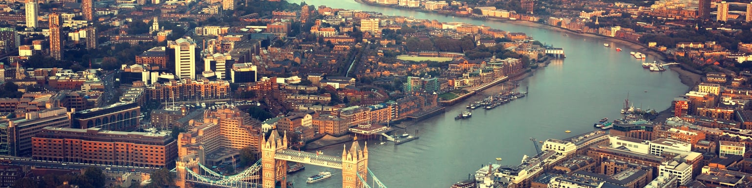 An aerial view of London and Tower Bridge