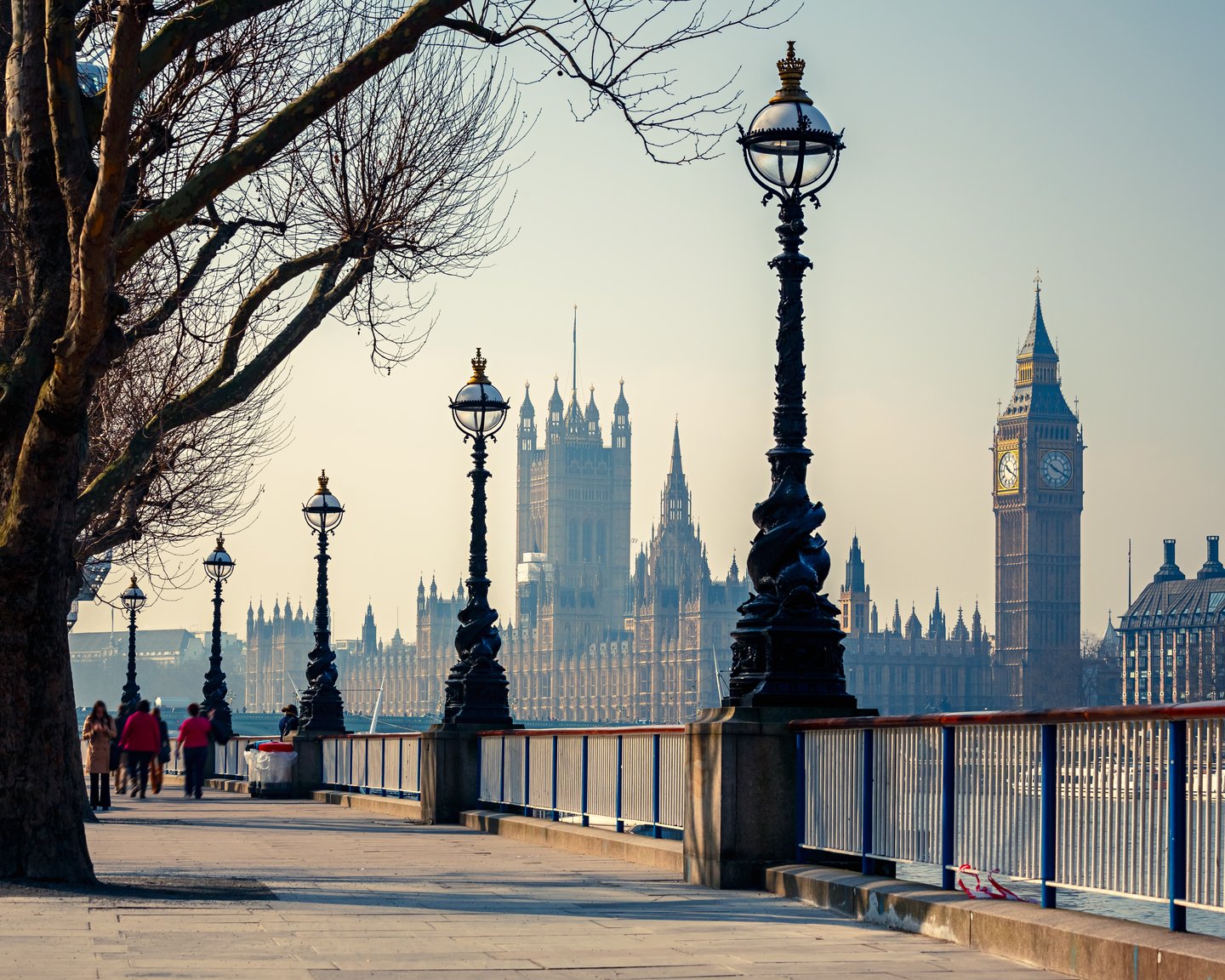 Street lights on the walkway with Big Pen and Parliament in the distance