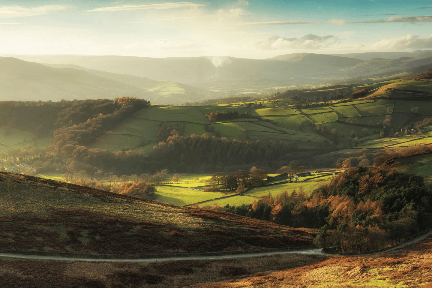 Landscape view of Hope Valley in Peak District during autumn sunset.