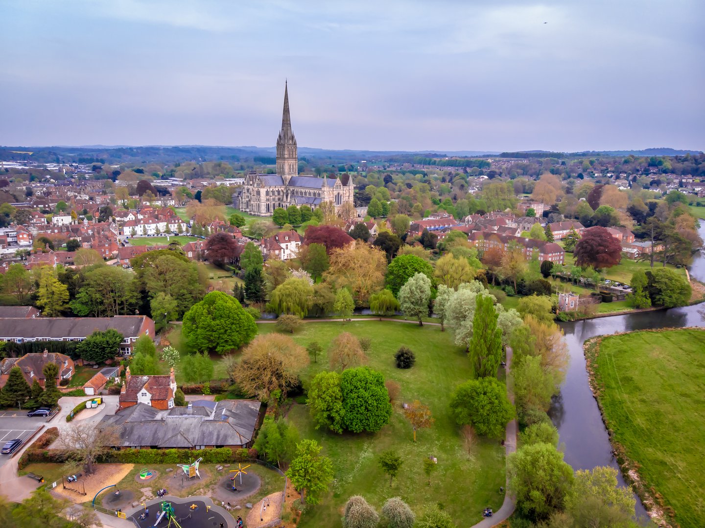 An aerial view of Salisbury and its cathedral