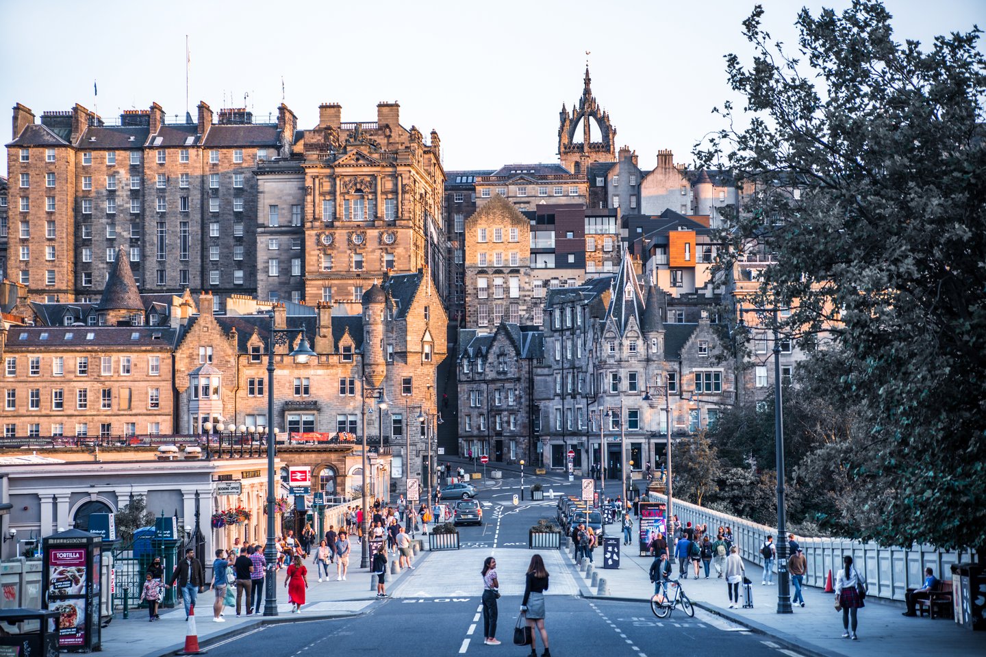 Edinburgh old town entrance from the Central train station at sunset.