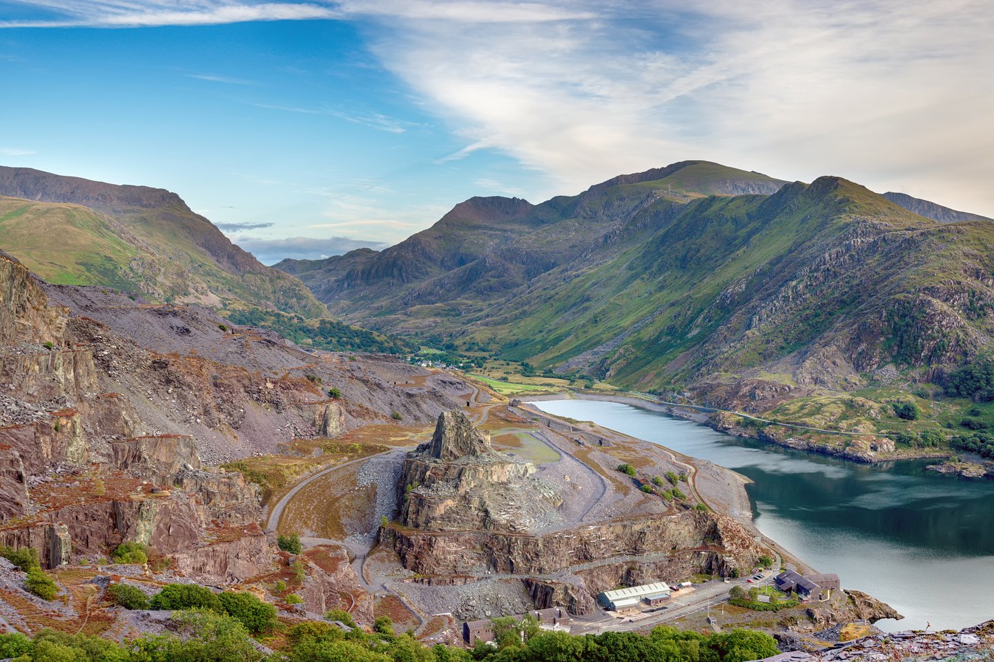 Looking out from Dinorwig Quarry across Llyn Padarn lake to Mount Snowdon