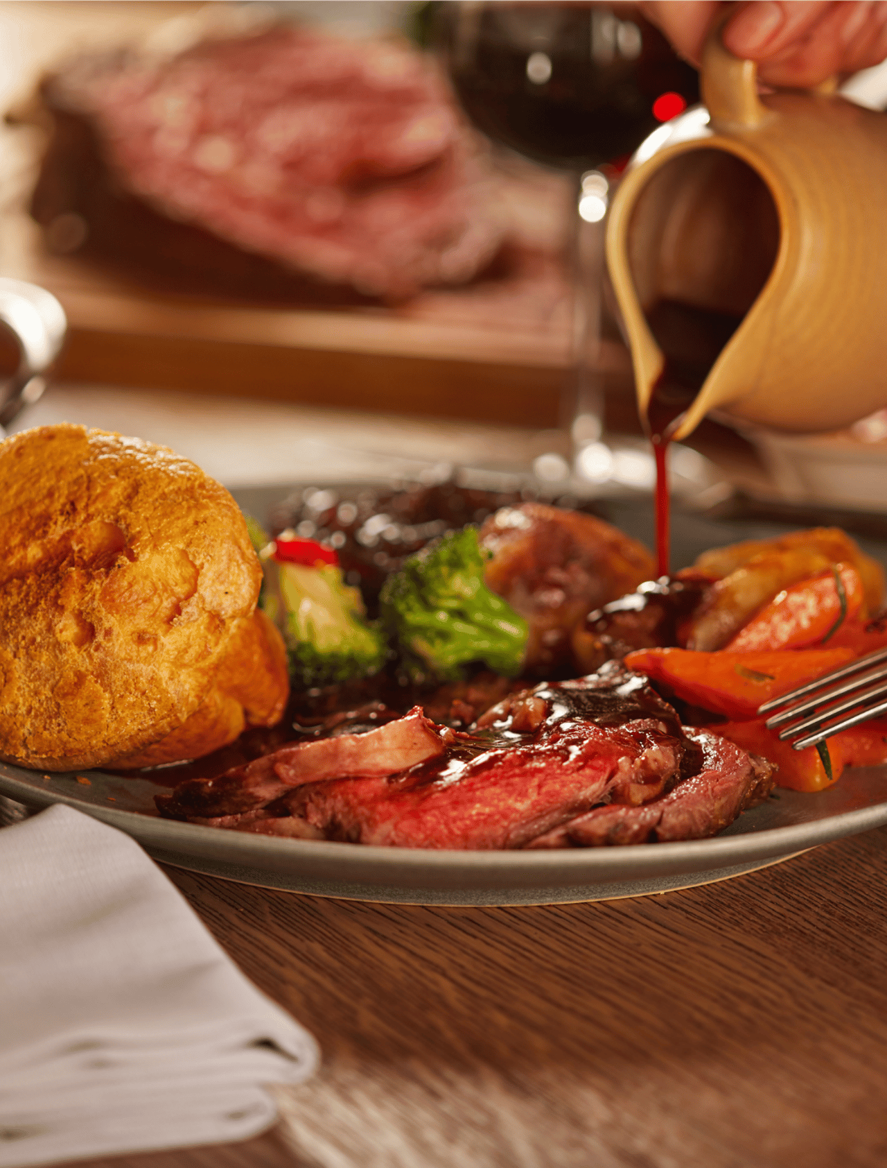 A dish with traditional beef roast with gravy
