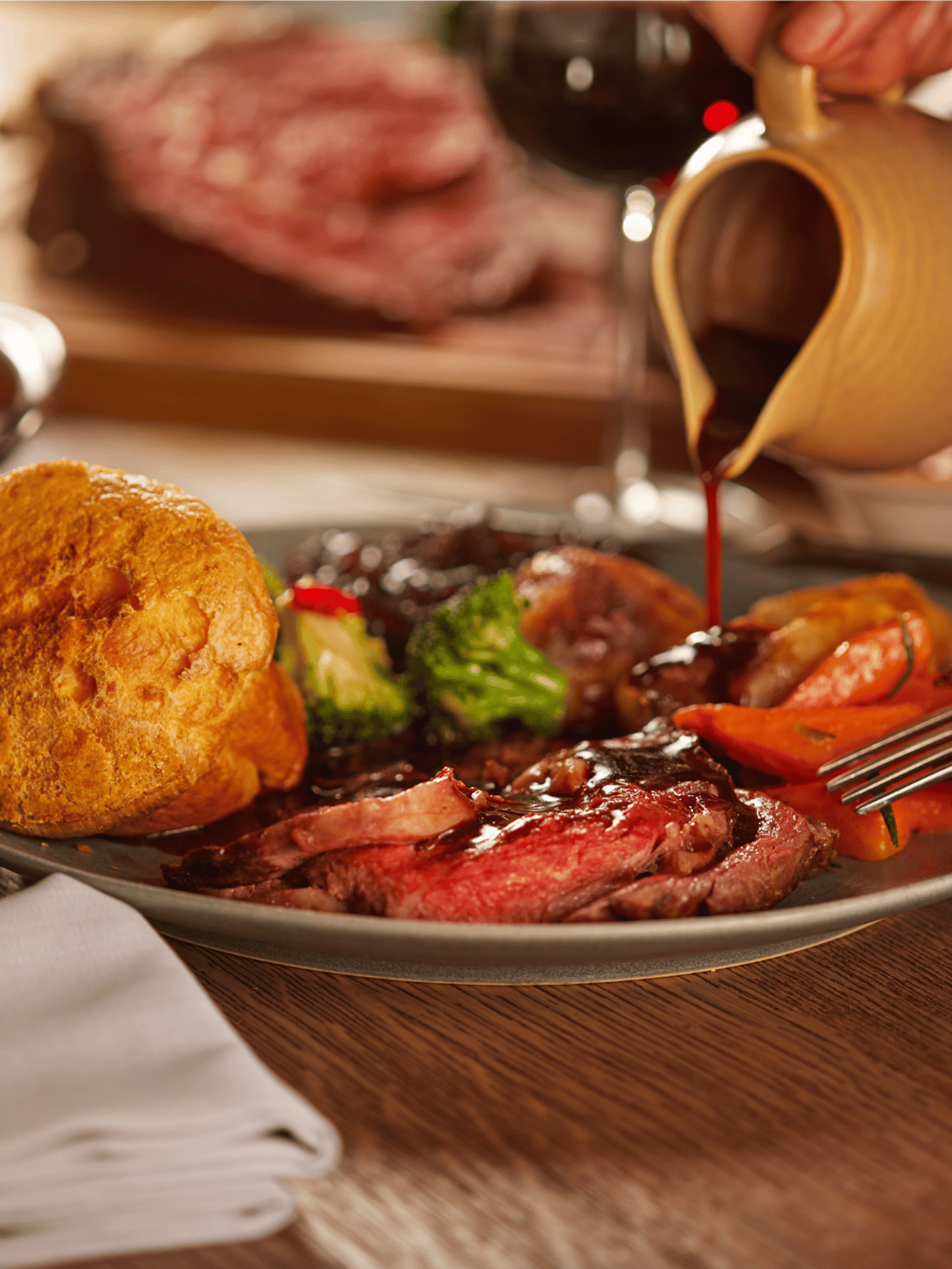 A dish with traditional beef roast with gravy