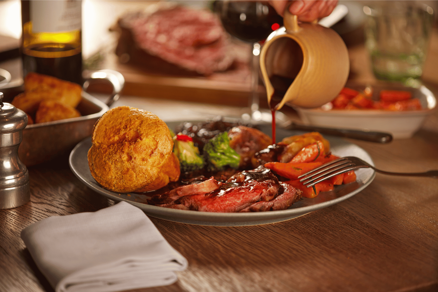 A dish with traditional beef roast with gravy