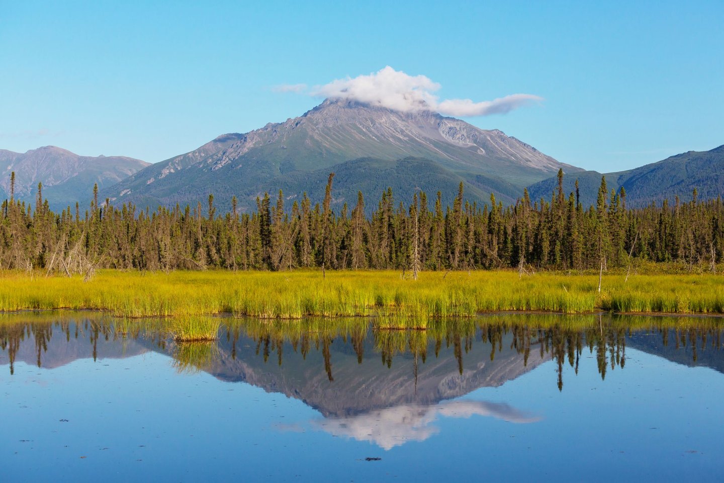 A lake reflecting a mountain in Alaska in summer