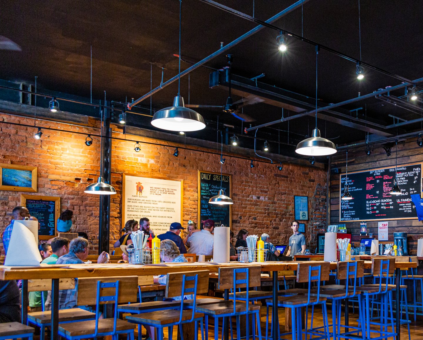 The interior of the Farmburger restaurant in Asheville
