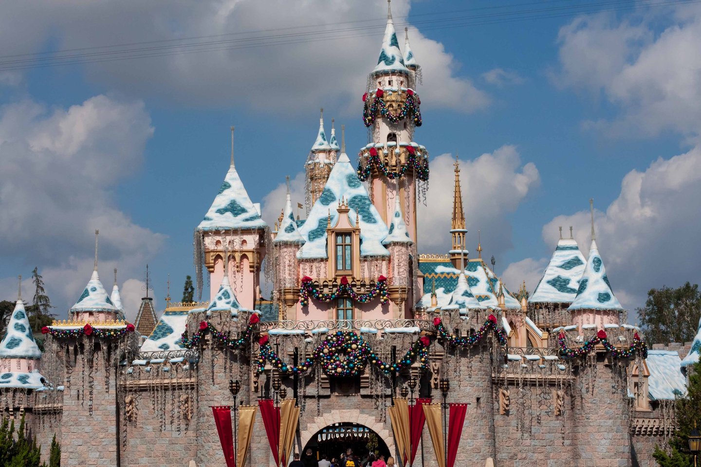 The Disney Castle decorated for Christmas