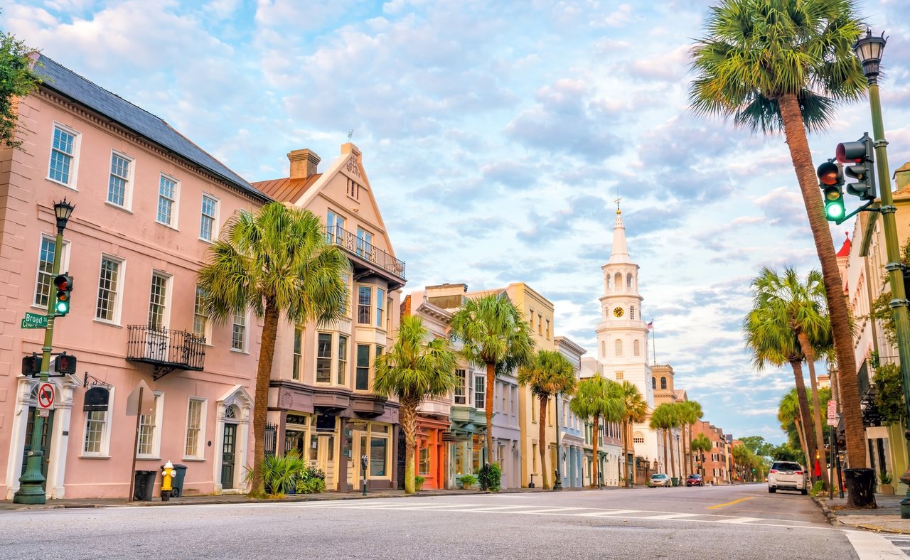 Historic buildings line the road in downtown Charleston.