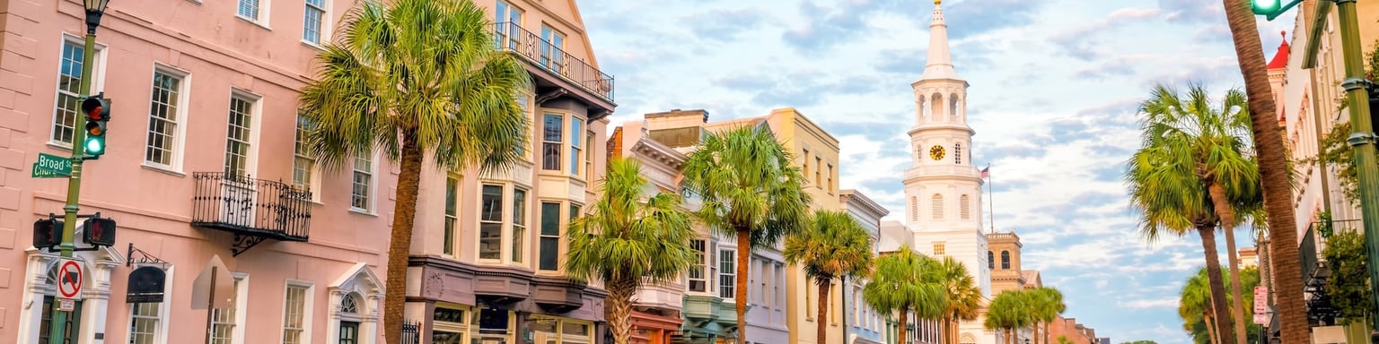 Historic buildings line the road in downtown Charleston.