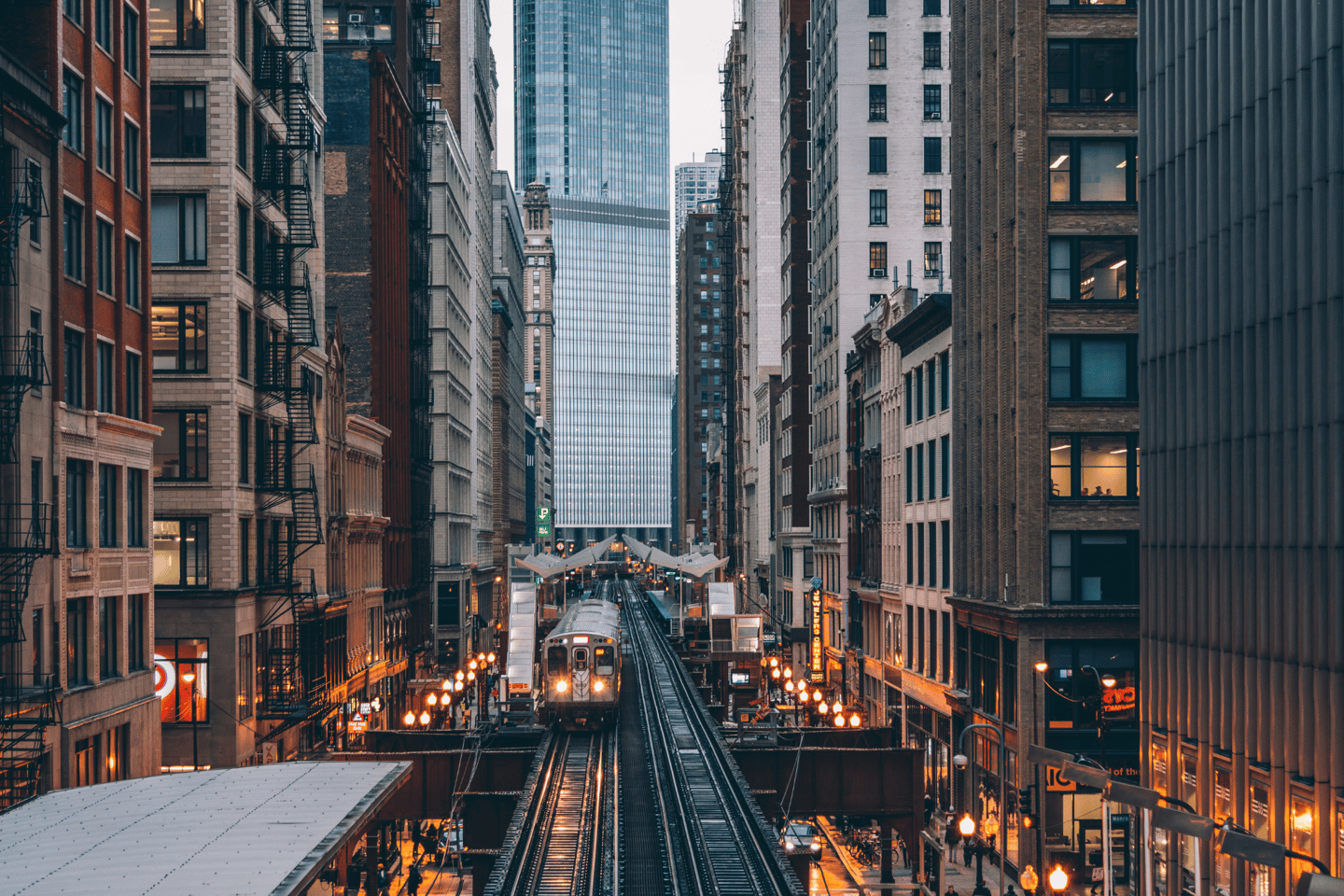 Trains passing over the tracks in downtown Chicago