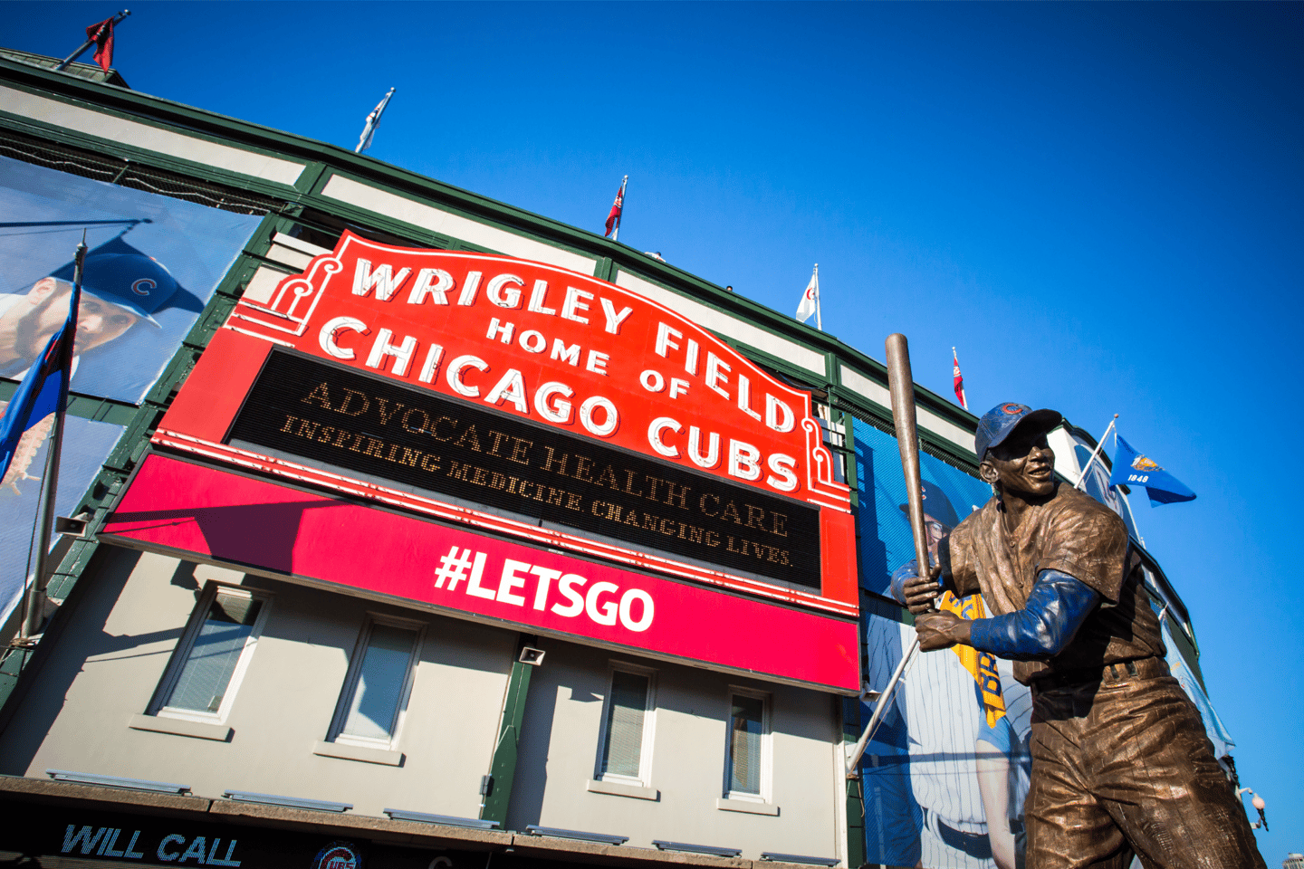 The famous signage on a warm summer's night at Wrigley Field