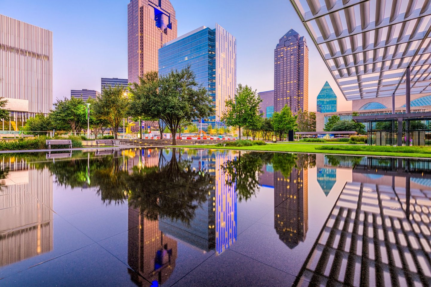Reflections of buildings in downtown Dallas