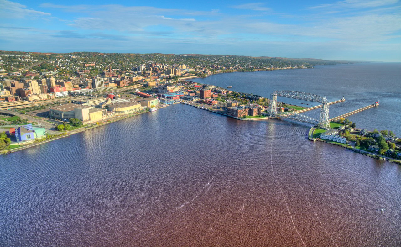 An aerial view of Duluth Harbour and Lake Superior