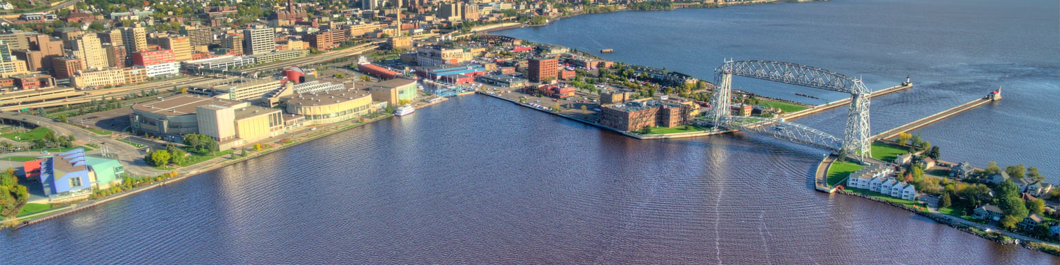 An aerial view of Duluth Harbour and Lake Superior