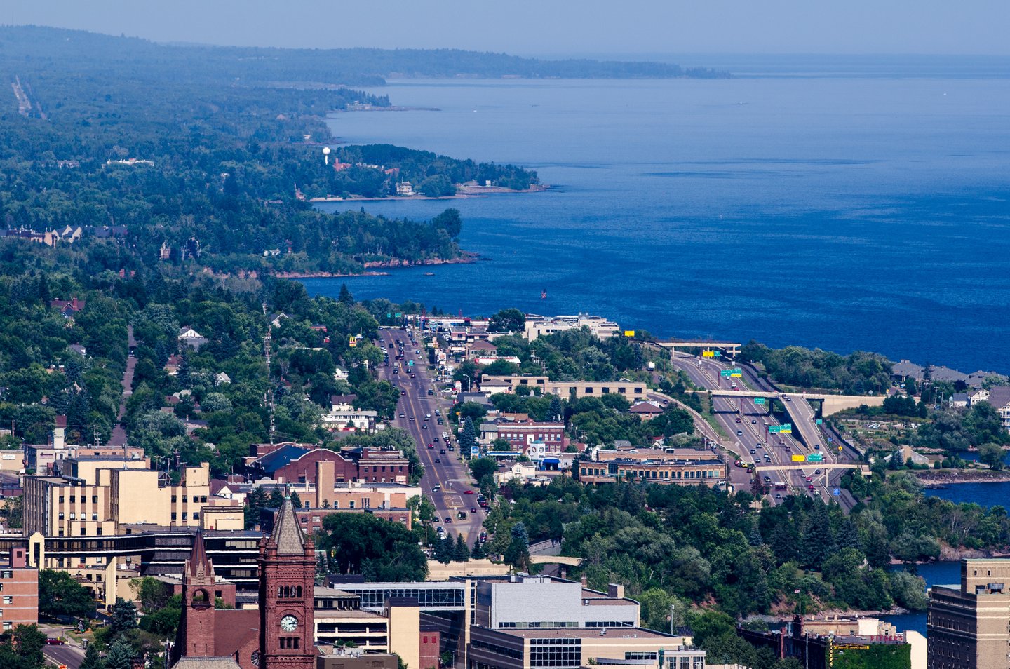 Hazy aerial view of Duluth Minnesota harbor on a sunny summer day