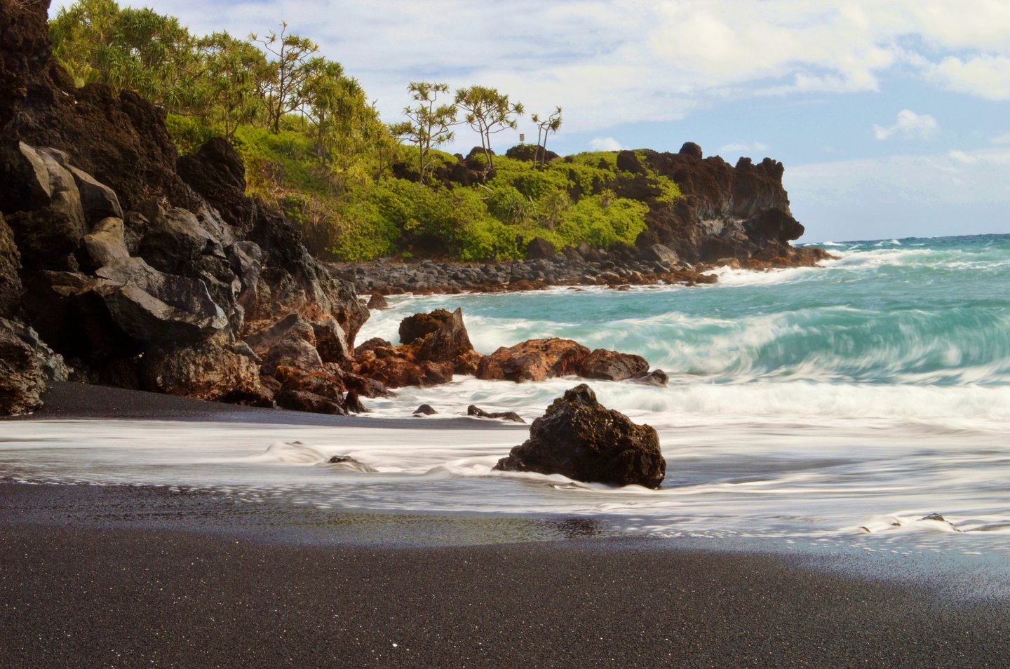 A beautiful Black sand beach on the Road to Hana