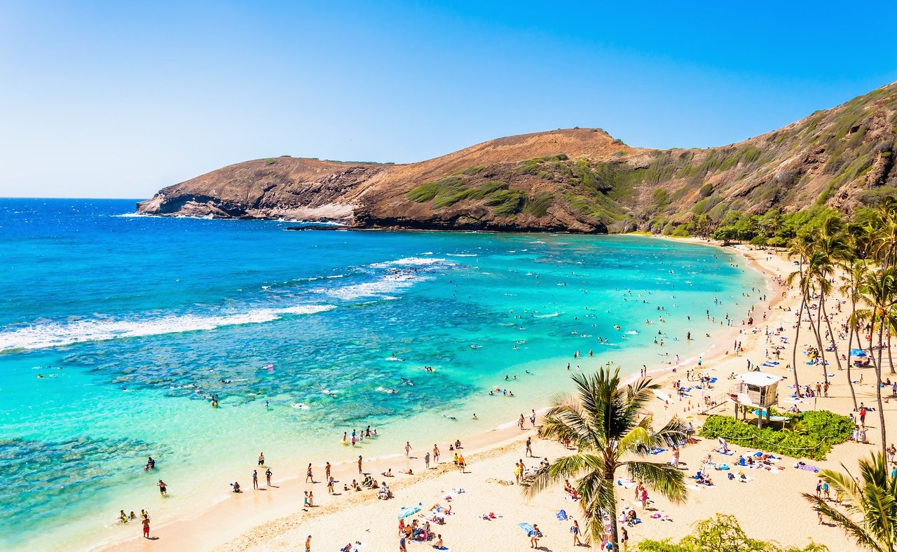 Looking down at busy Hanauma bay in Oahu, Hawaii.