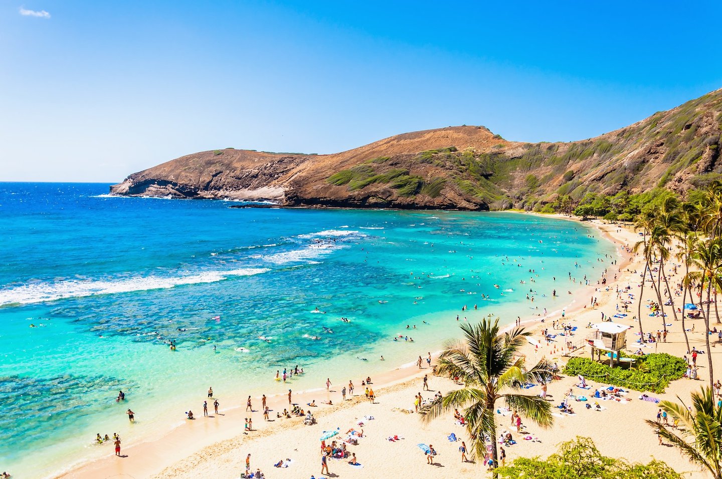 Looking down at busy Hanauma bay in Oahu, Hawaii.