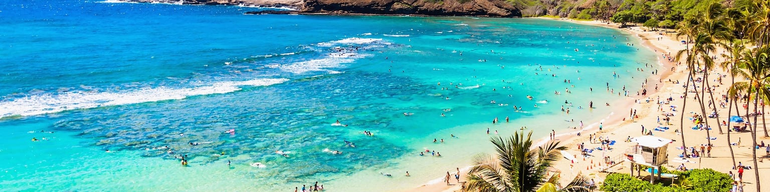Looking down at busy Hanauma bay in Oahu, Hawaii.
