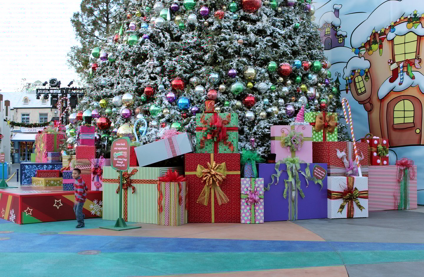 The presents at the foot of the Grinchmas tree at Universal Studios