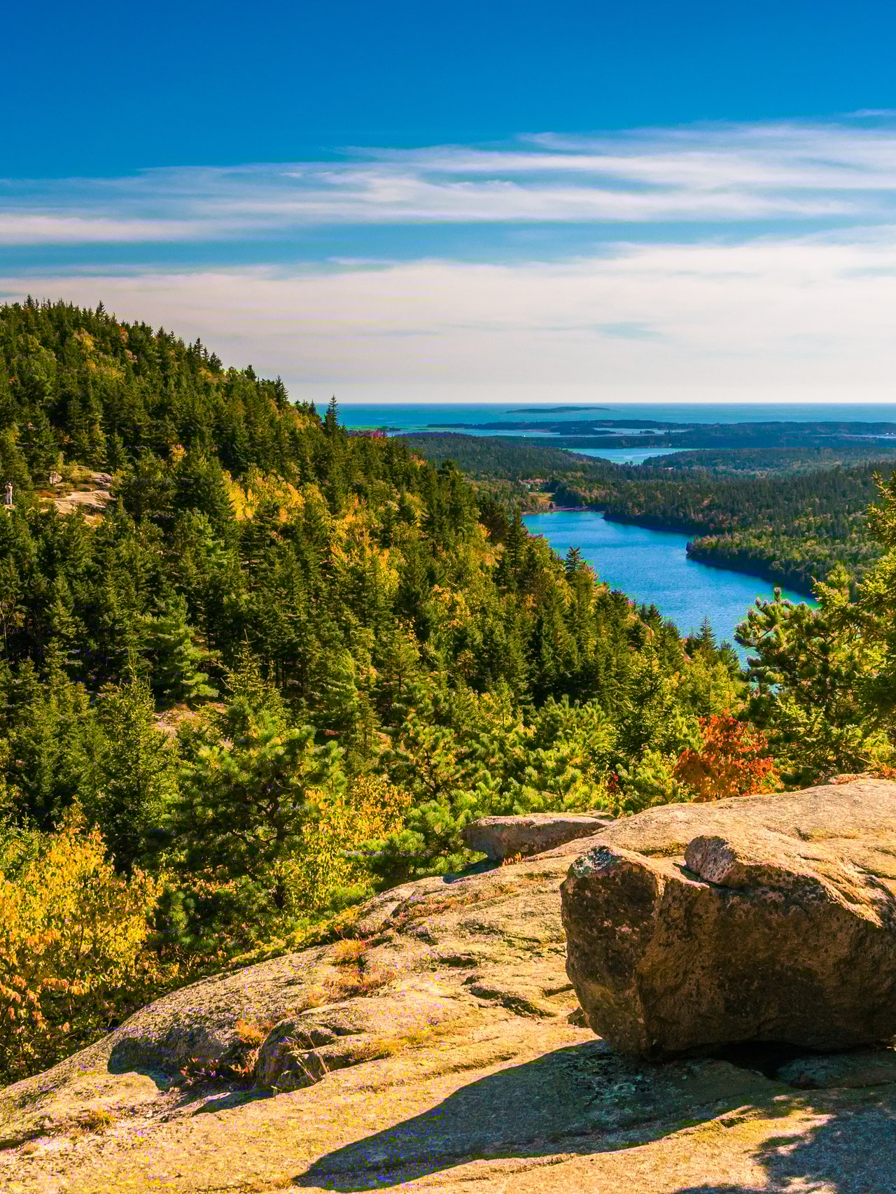 View of the mountains and river from North Bubble, in Acadia National Park, Maine