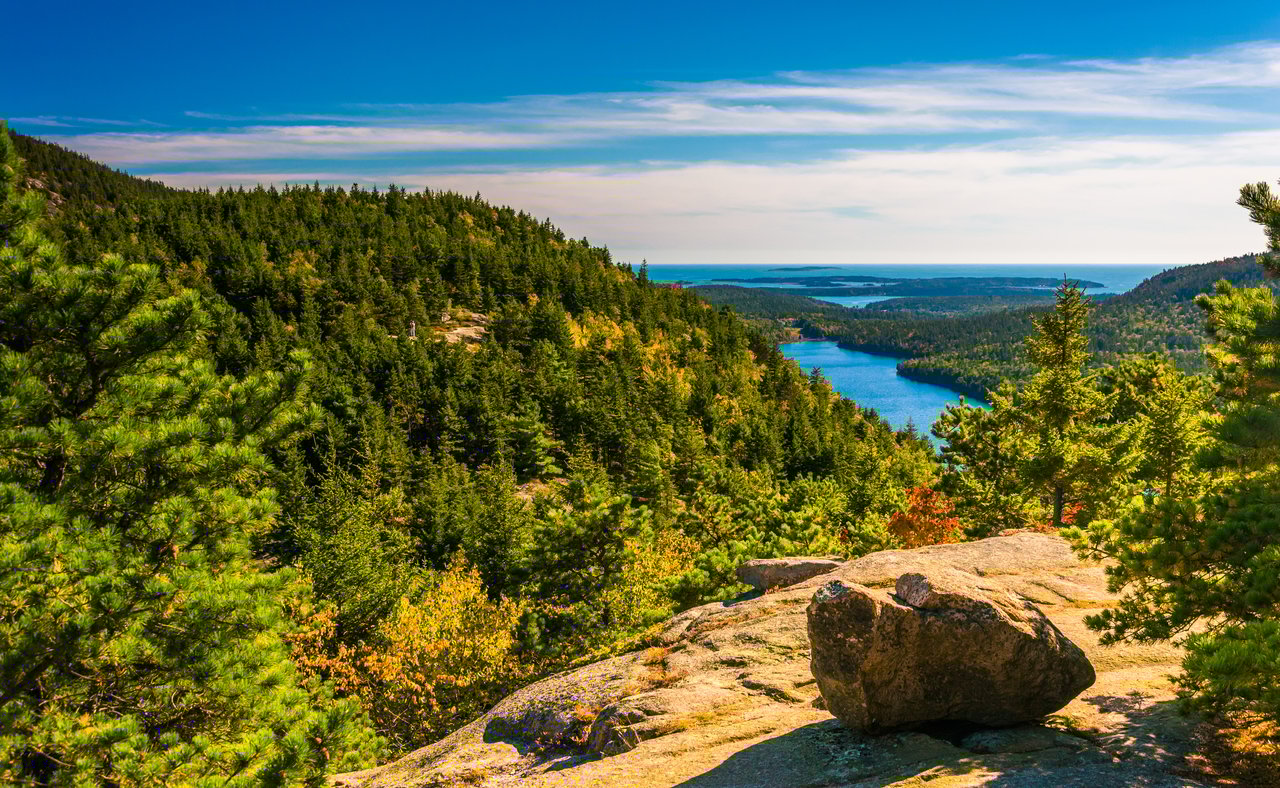 View of the mountains and river from North Bubble, in Acadia National Park, Maine