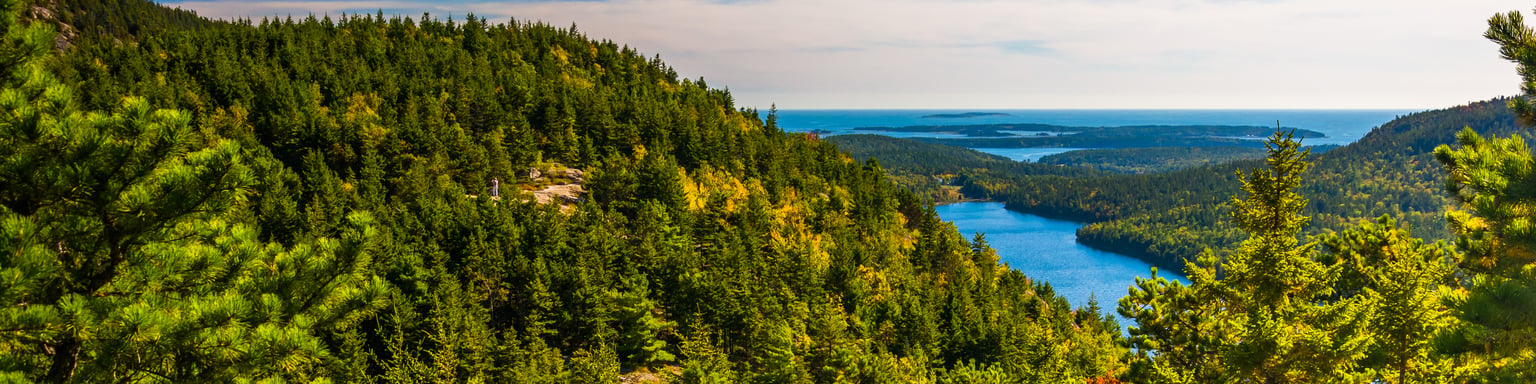 View of the mountains and river from North Bubble, in Acadia National Park, Maine