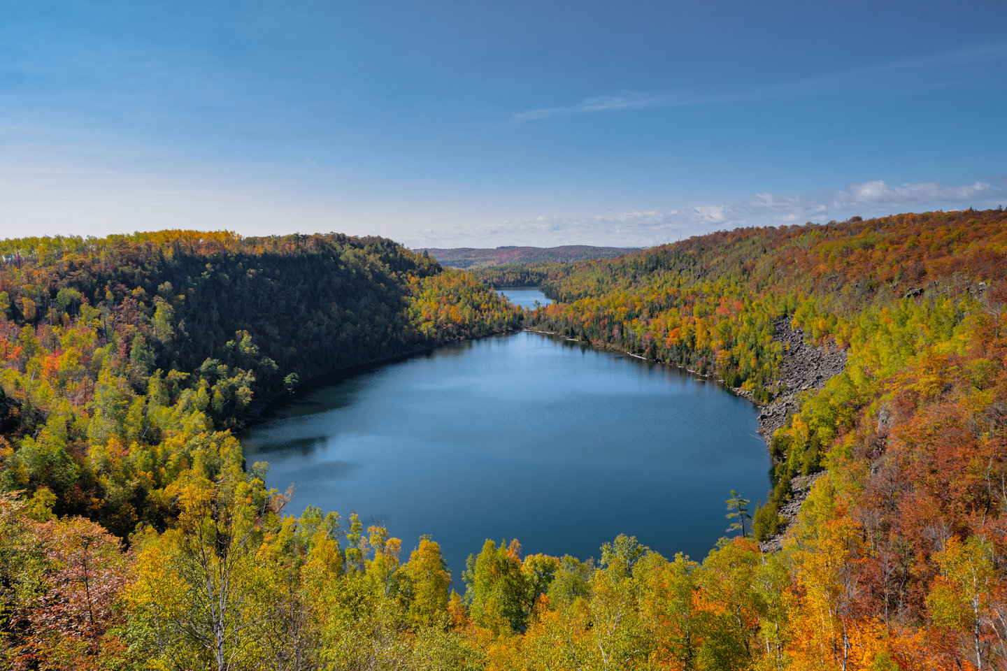 Superior hiking trail in Minnesota during autumn and fall season, overlooking Bean and Bear Lakes
