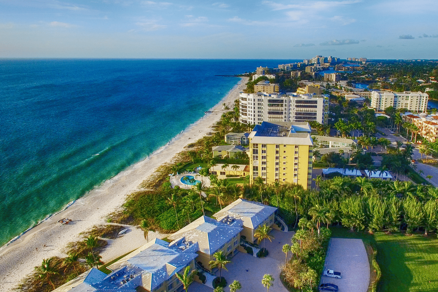 An aerial view of the coastline in Naples, Florida