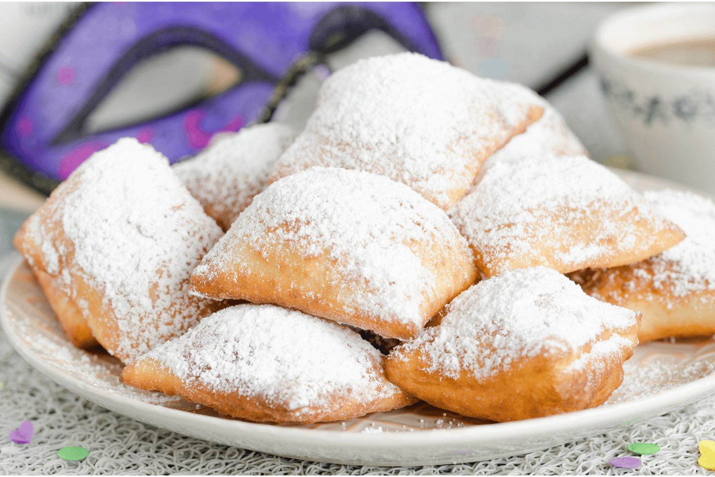 Traditional New Orleans beignets served for Mardi Gras