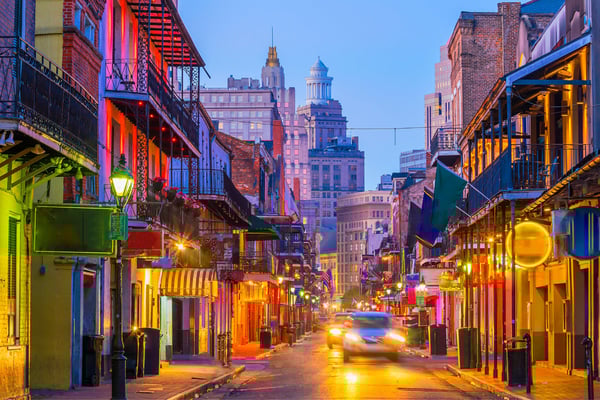 Pubs and bars with neon lights in the French Quarter, New Orleans USA
