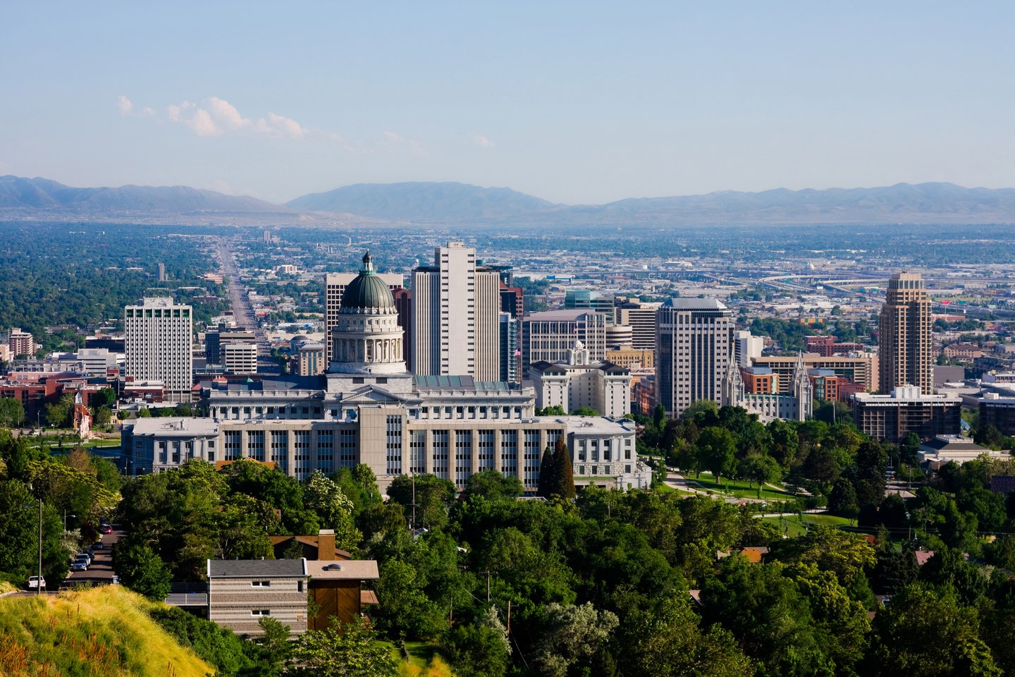 The skyline of Salt Lake City with green trees in the foreground