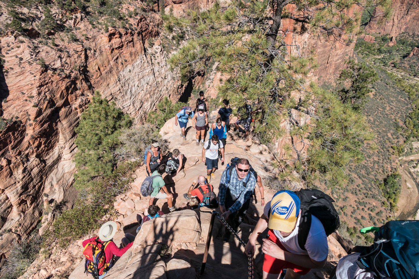 A crowded cliff on the Angels Landing hike in Zion National Park.