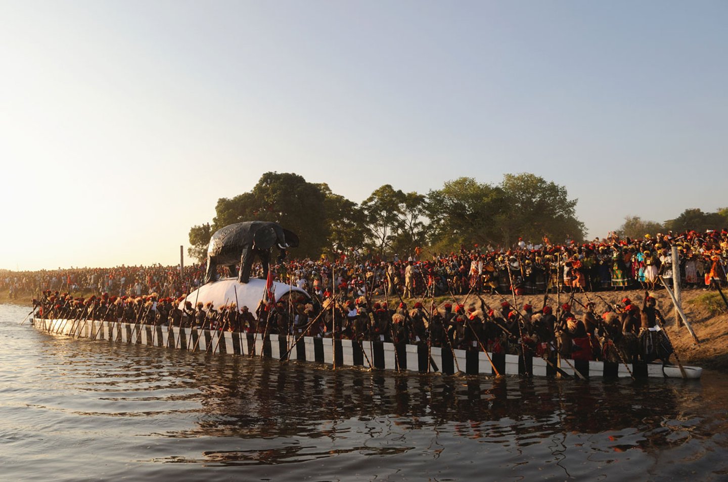 The royal barge topped with an elephant at the annual Kuomboka ceremony in Zambia