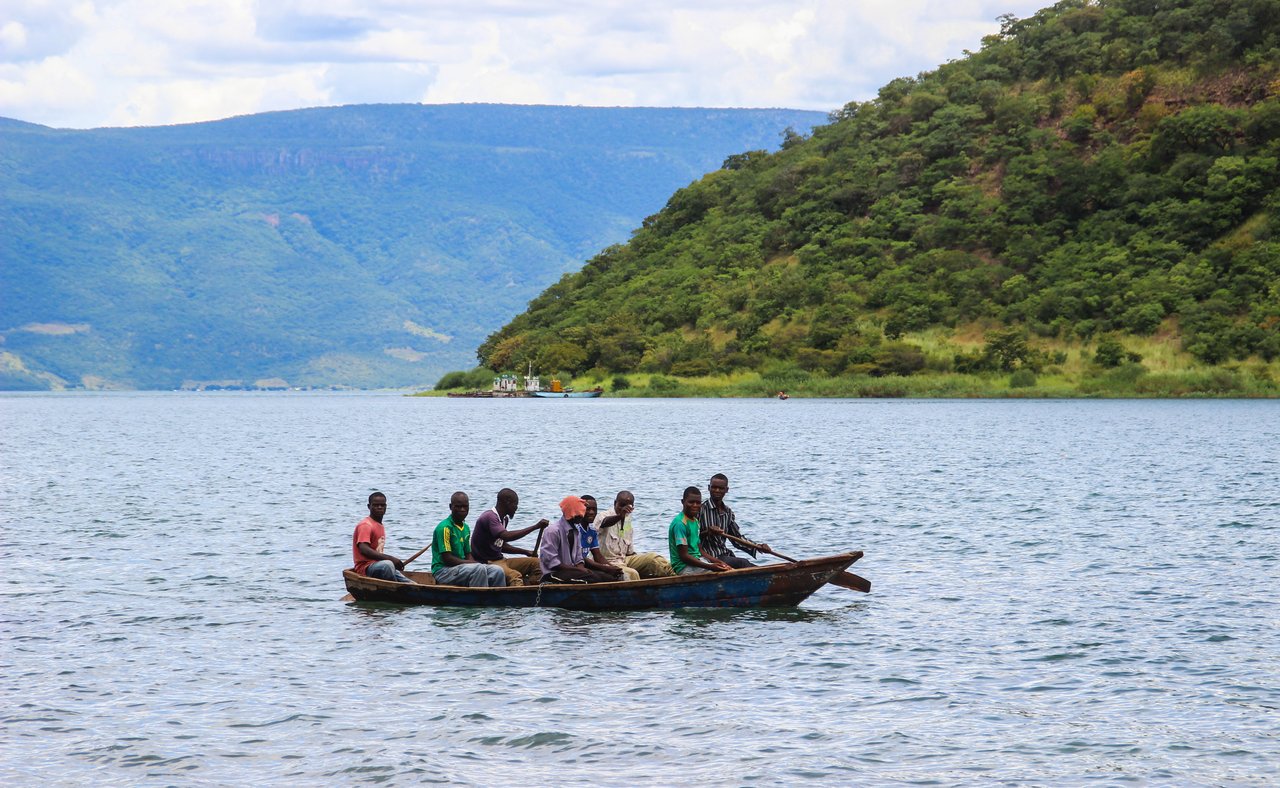 People on a boat on Lake Tanganyika, Zambia