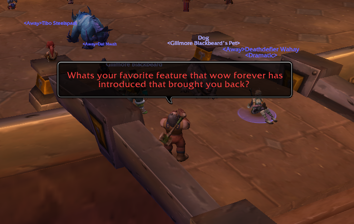 Barnaby asking Gillmore Blackbeard about his favorite new feature in WoW Forever