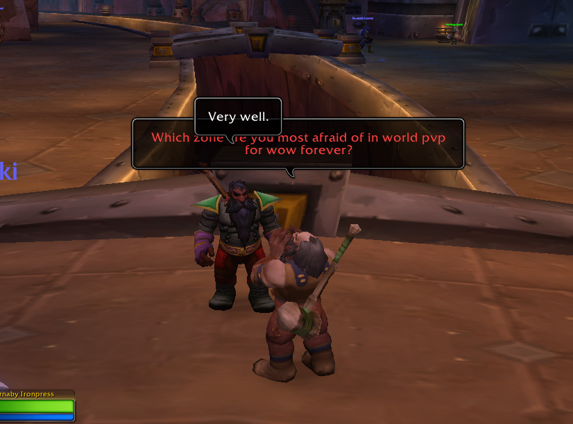 Barnaby asking Softrock Lighthammer which open-world PvP zone strikes the most fear