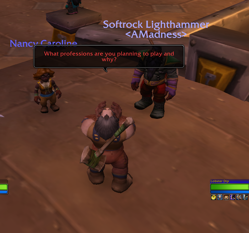 Barnaby asking Softrock Lighthammer about his profession strategy and reasoning
