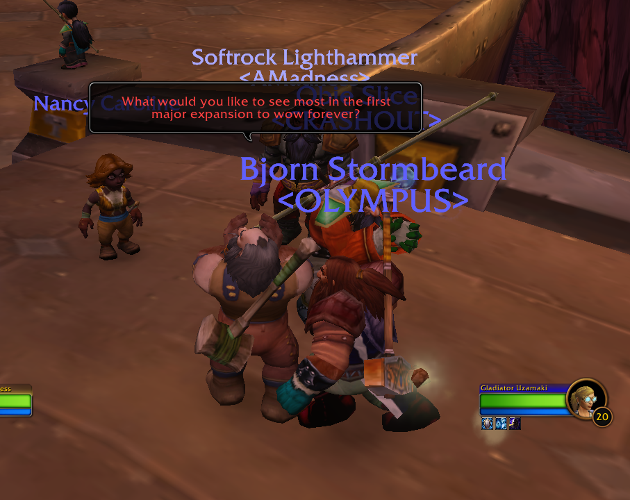 Barnaby asking Softrock Lighthammer what dream feature he wants in a future expansion