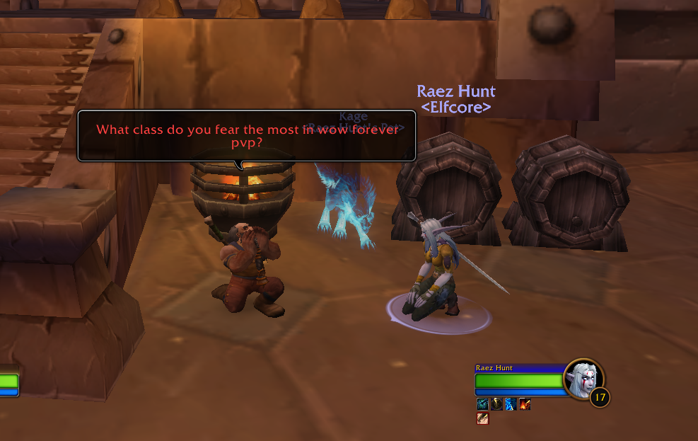 Barnaby asking Raez Hunt which class strikes the most fear in PvP combat