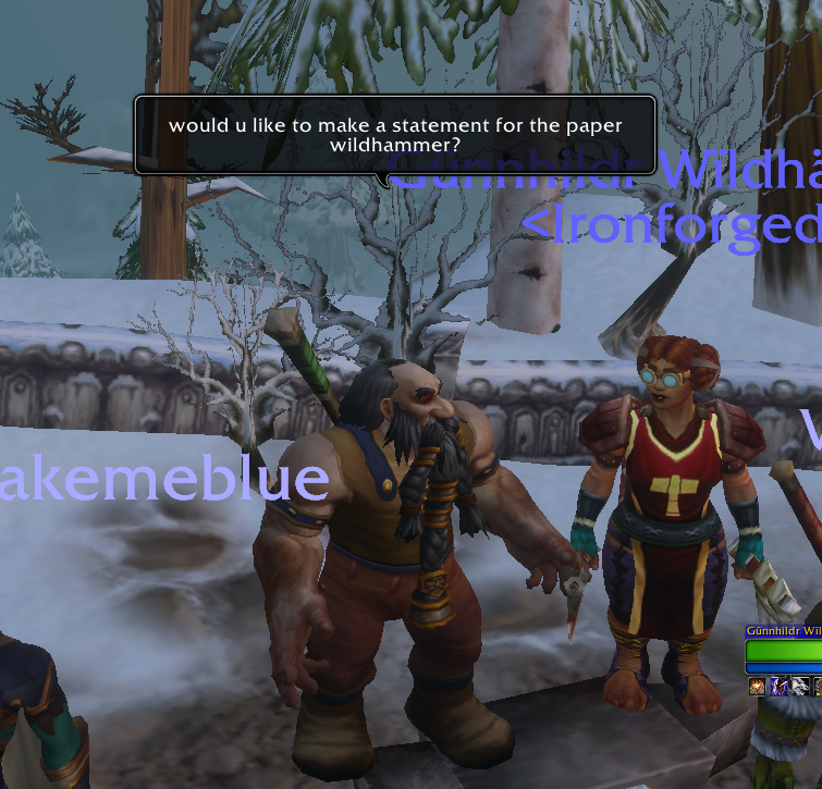 Dwarves lining up on the snowy steps outside the main gates of Ironforge.