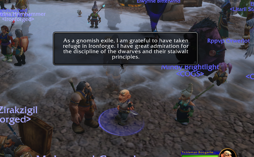 Raising shields and axes in formation on the Dun Morogh stone ramp.