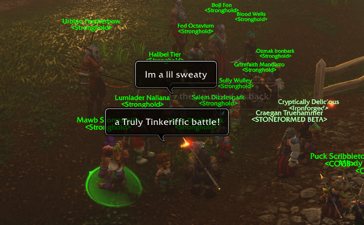 Regrouping around campfires as the <Stronghold> guild arrives to help.