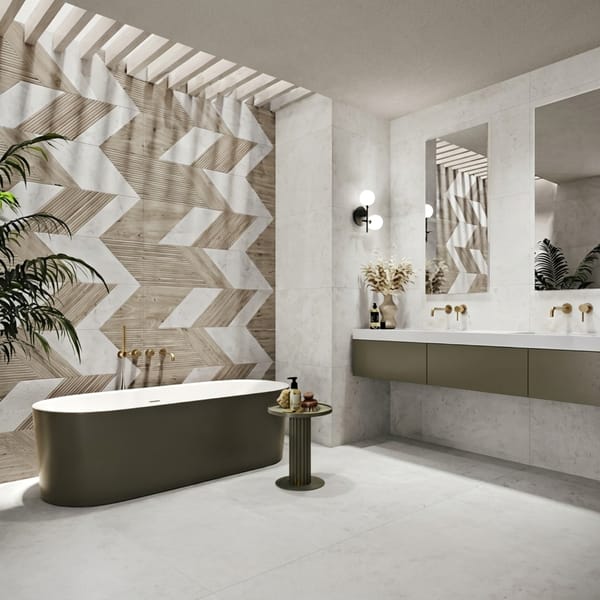 Amenajare baie cu perete decor lemn chevron Sequoya Bush Cedar