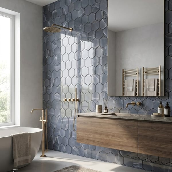 Onyx Hexa Bleu Pulido amenajare mozaic hexagonal