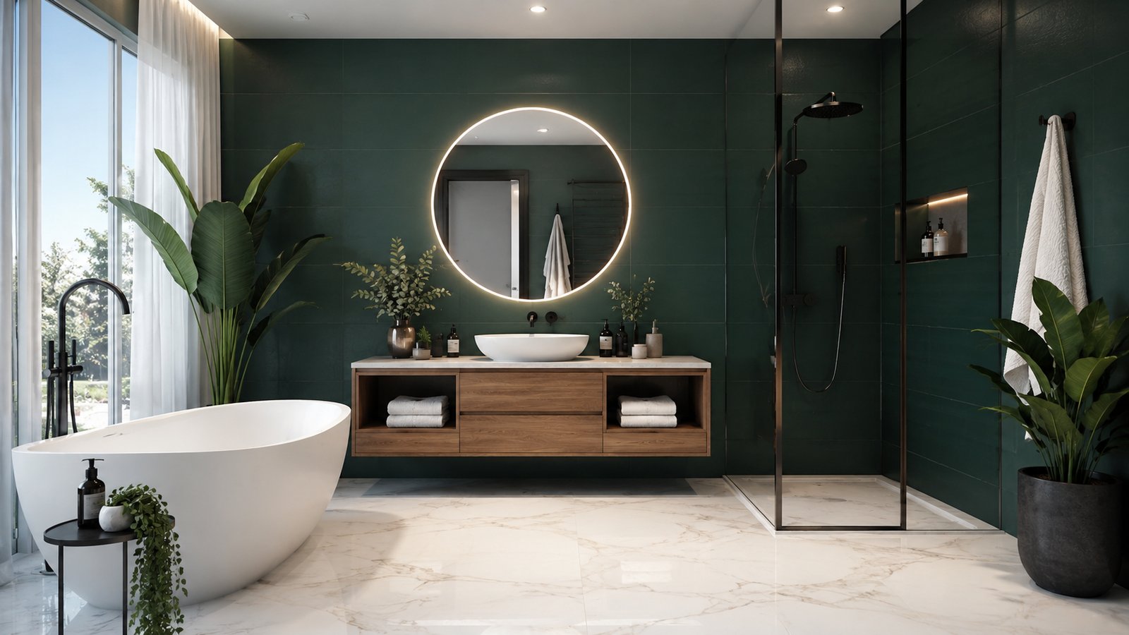 Baie modernă cu gresie și faianță premium, design elegant și pardoseală cu aspect de marmură.