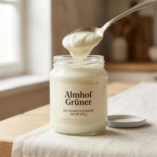Heumilchjoghurt Almhof Grüner mit Löffel