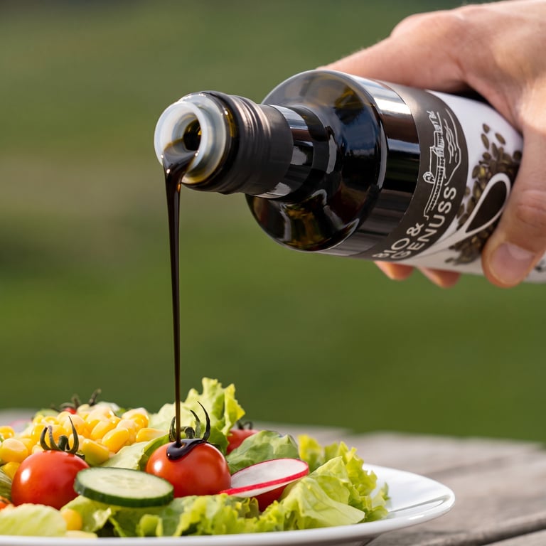 Bio-Kürbiskernöl über frischen Salat gegossen