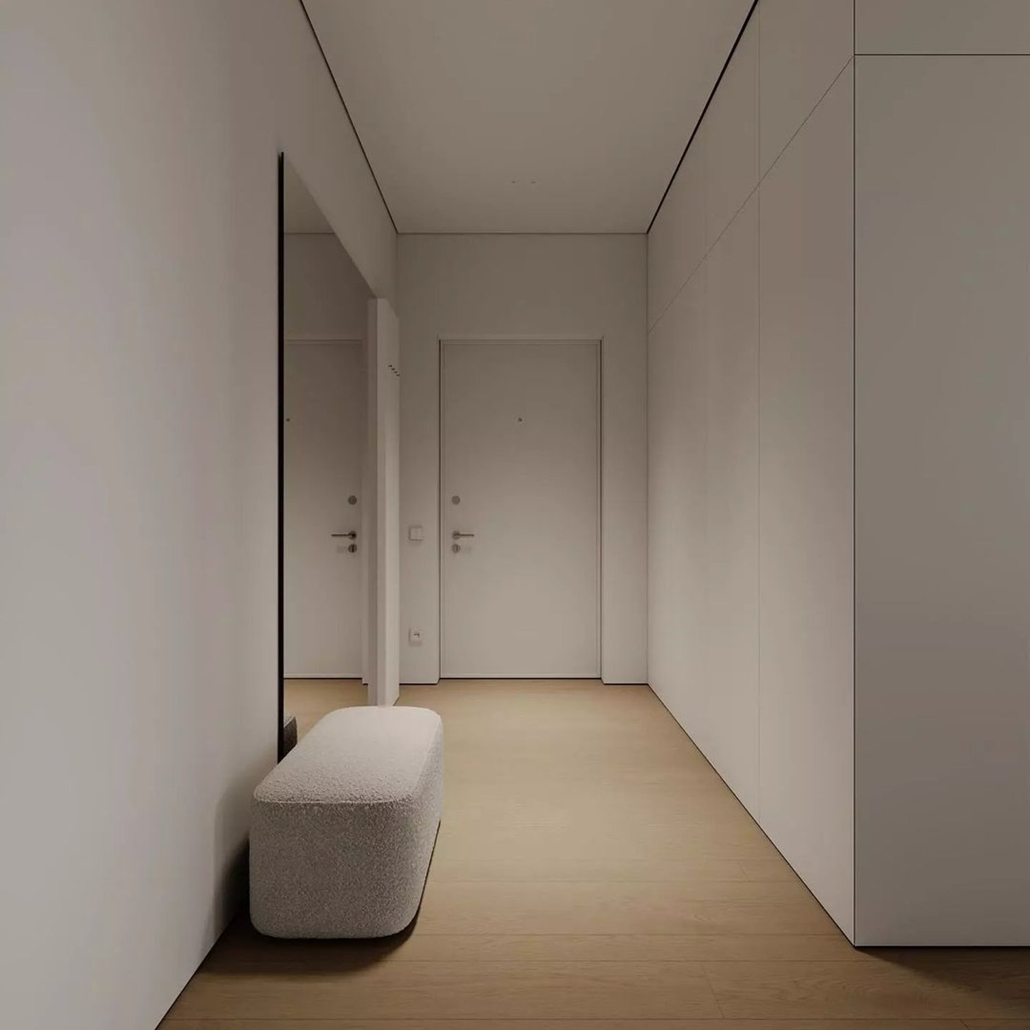 Minimalistic hallway design with sleek surfaces and a bench